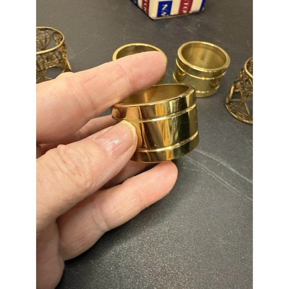 3 Baldwin Napkin Rings Ribbed Pinstripe Heavy + 2 Misc wire rings